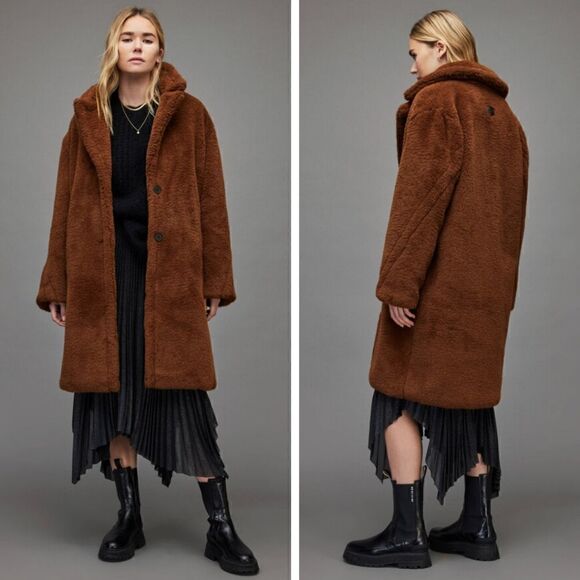 New! AllSaints Doria Faux Fur Double Breasted Oversized Long Winter Coat - Picture 1 of 16